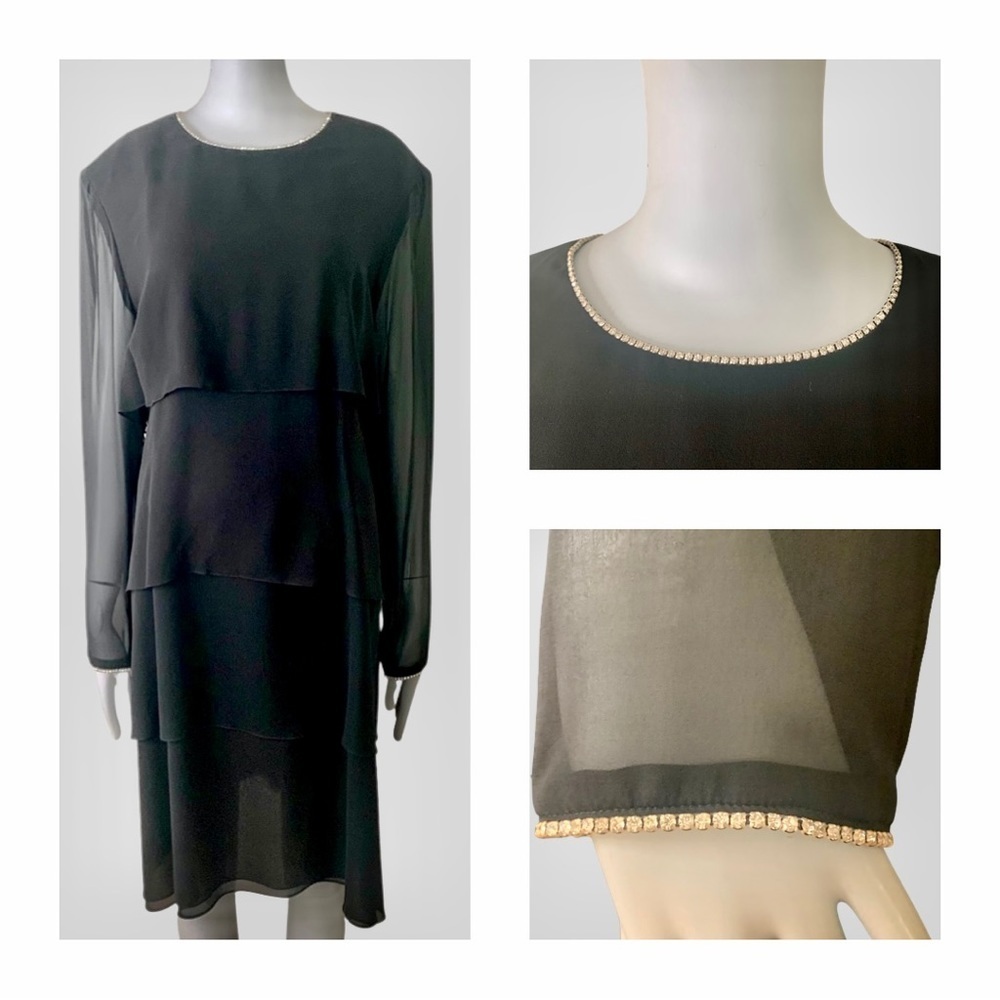 KAY UNGER Evening 100% Silk Rhinestone Embellished Black Long Sleeve Midi Dress